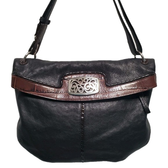 VTG Brighton Black Leather Croc Embossed Flap Shoulder Bag Silver Purse E031862 - Picture 1 of 7
